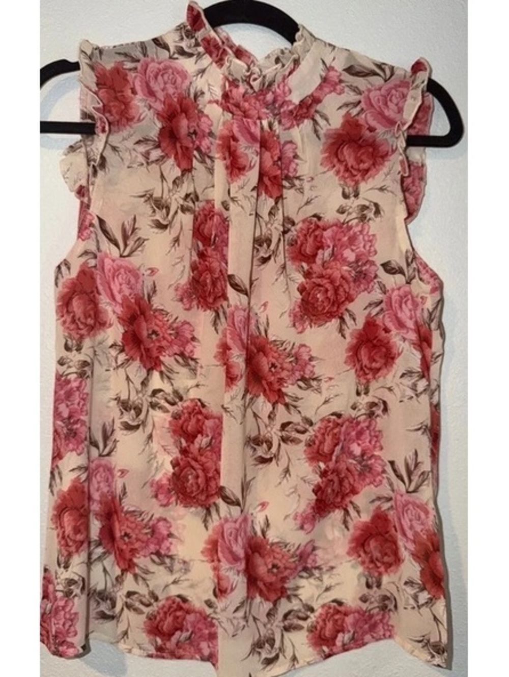 SHEIN Women’s Pink Floral Ruffle Mock Neck Sleeveless Blouse Size Medium